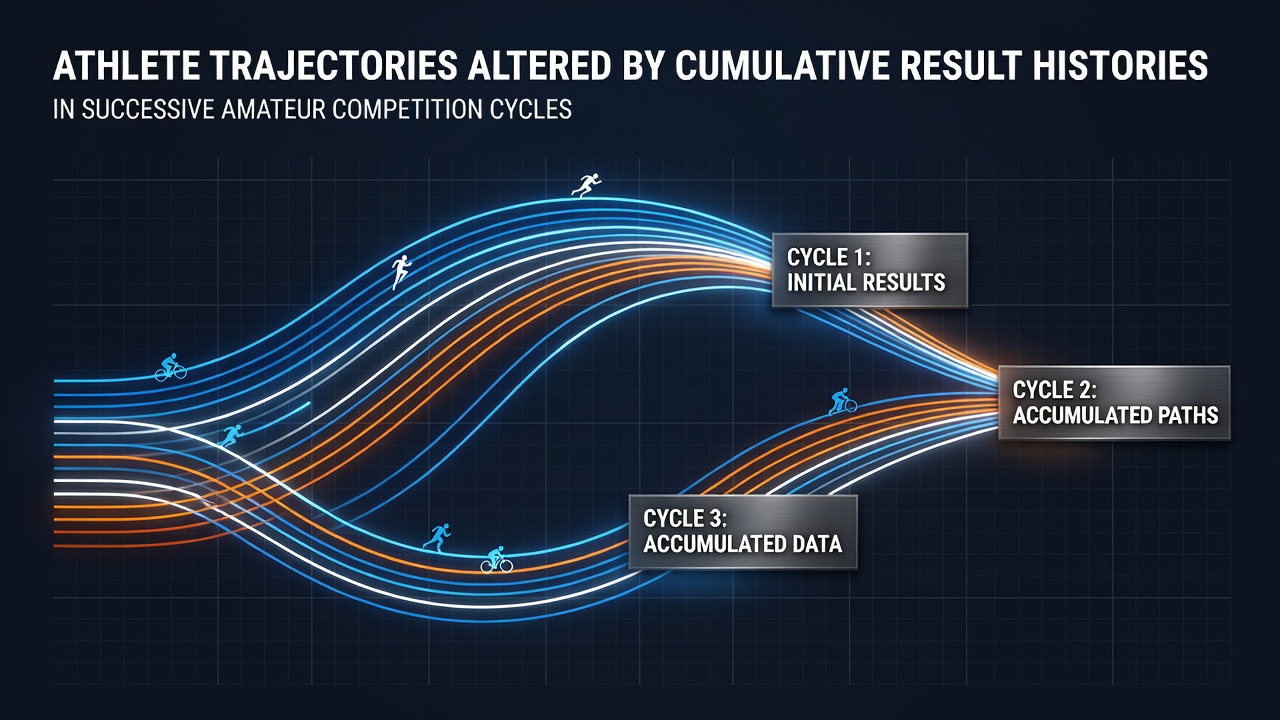 Athletes reviewing historical performance data from past amateur competition cycles on digital platforms