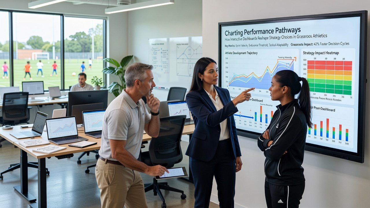 Coaches reviewing interactive performance pathway visualizations during a strategy session in a grassroots athletic organization