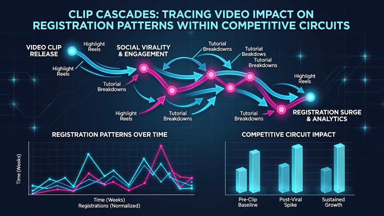 Analytics dashboard displaying registration spikes following viral video distribution in competitive circuits