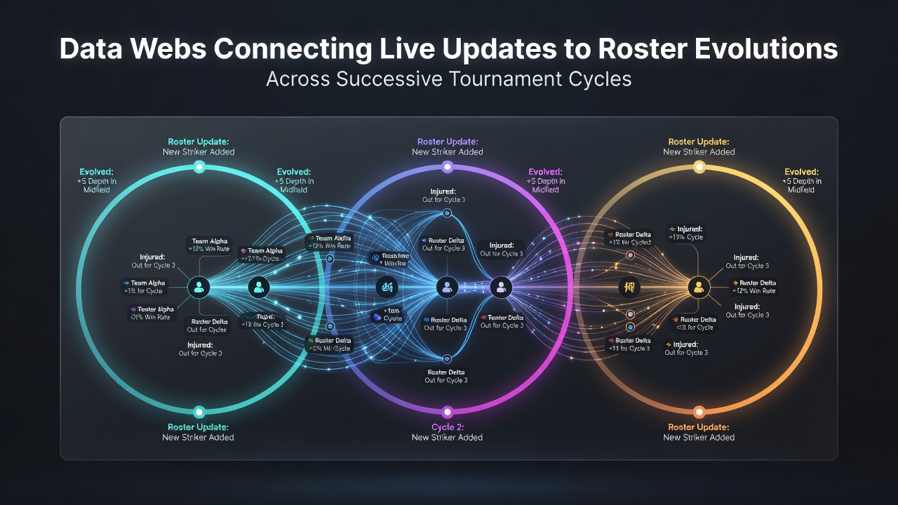 Data visualization showing connections between live tournament updates and roster adjustments across multiple cycles