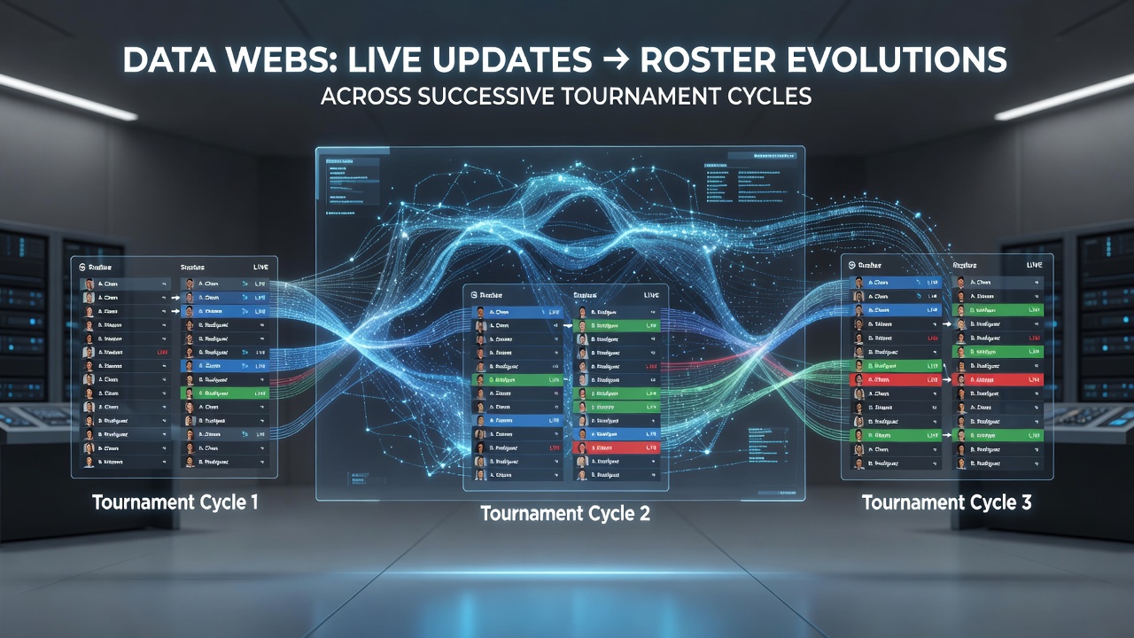 Illustration of data flows between live scoring systems and evolving team rosters in tournament sequences