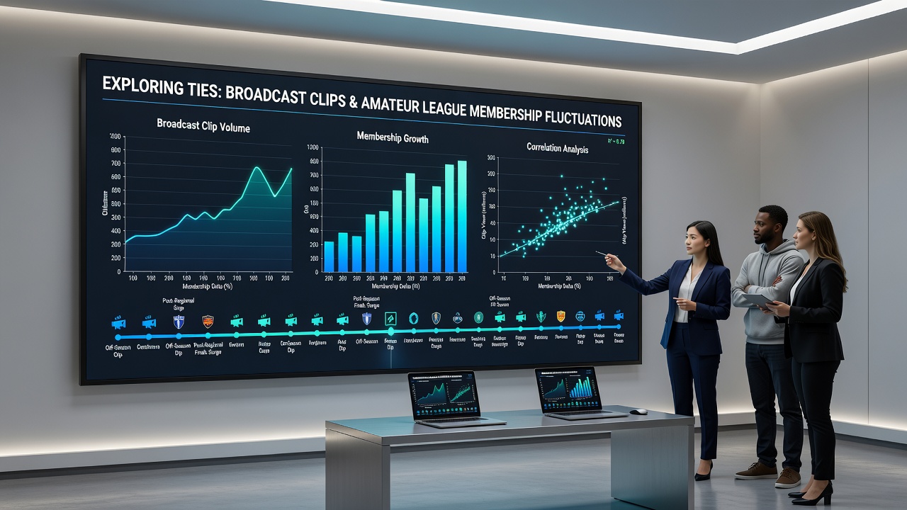 League officials reviewing membership data alongside broadcast analytics dashboards in a community sports office