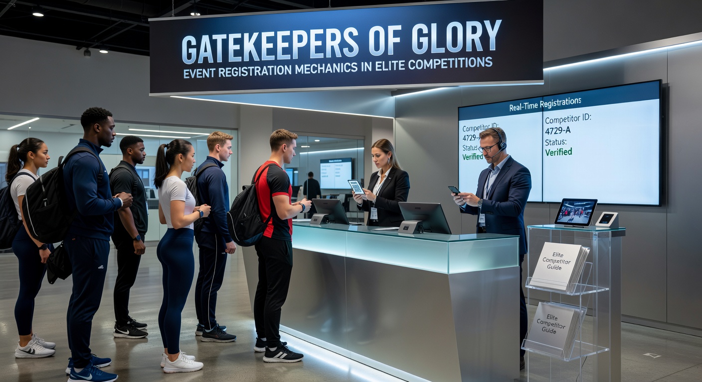 Close-up of a registration queue interface during peak hours, displaying wait times, verification steps, and success notifications for an elite esports tournament