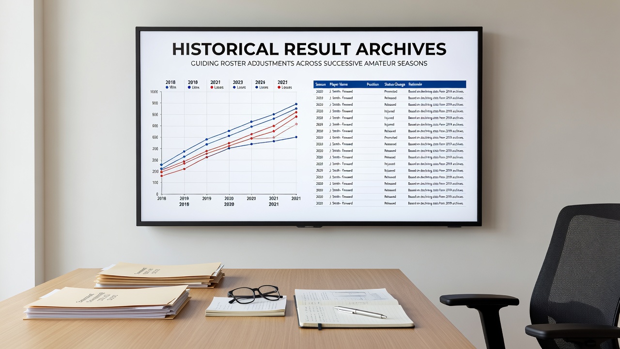 Historical result archives displayed on screens guiding amateur sports roster decisions