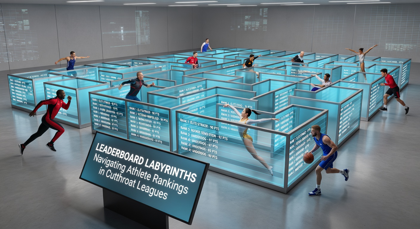 A dynamic leaderboard display showing athletes climbing rankings amid intense competition, with glowing numbers shifting in real-time during a high-stakes league event