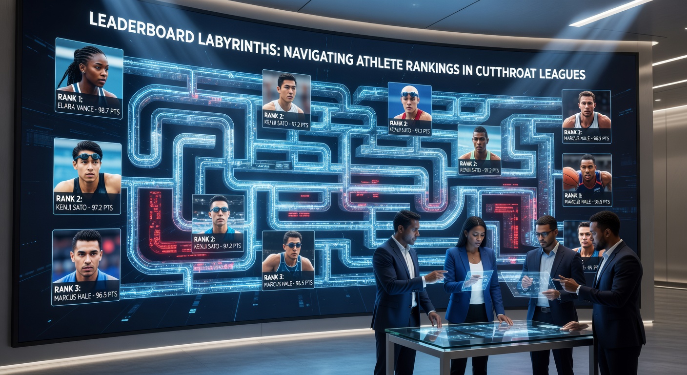 Athletes huddled around a digital leaderboard in a packed arena, expressions tense as positions update live, capturing the high-pressure moment of ranking shifts in a cutthroat league showdown