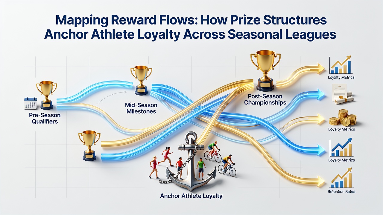 Diagram showing prize distribution flows across seasonal league structures with athlete retention metrics