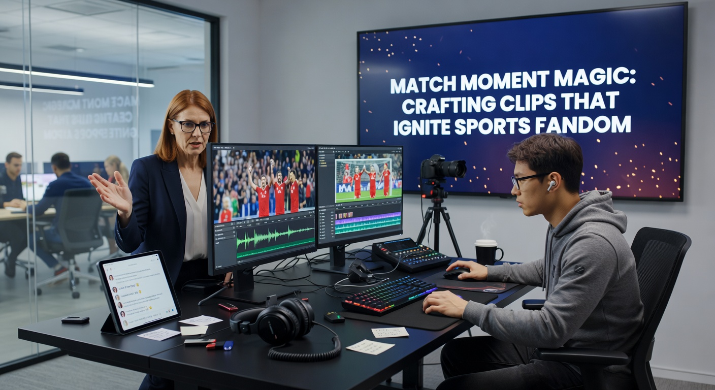 Editing software interface showing a sports clip timeline with effects, transitions, and audio waveforms in action