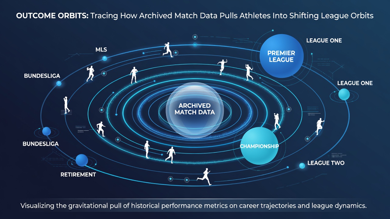 Digital dashboards displaying athlete performance orbits across multiple league seasons and divisions