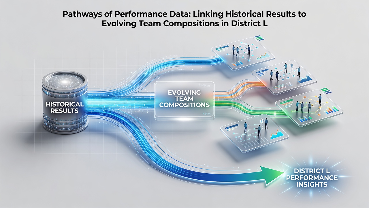 Diagram illustrating data flows from archived district event results to updated team compositions and enrollment patterns