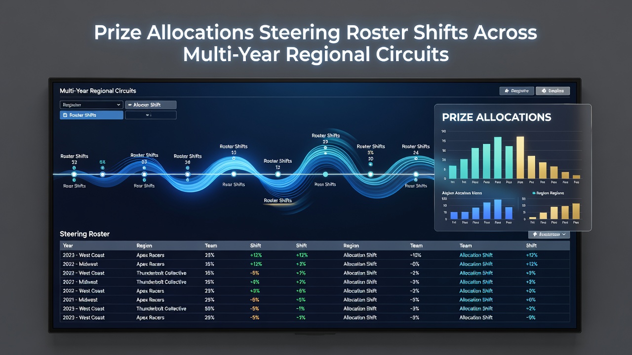 Regional circuit organizers reviewing prize distribution charts and roster planning documents