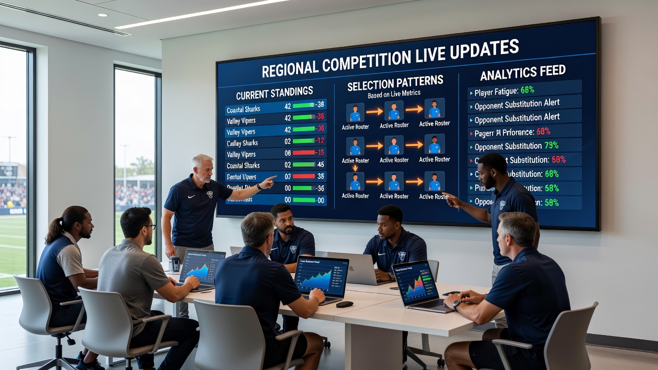 Coaches reviewing live statistics on tablets to adjust team selections during a regional athletic event