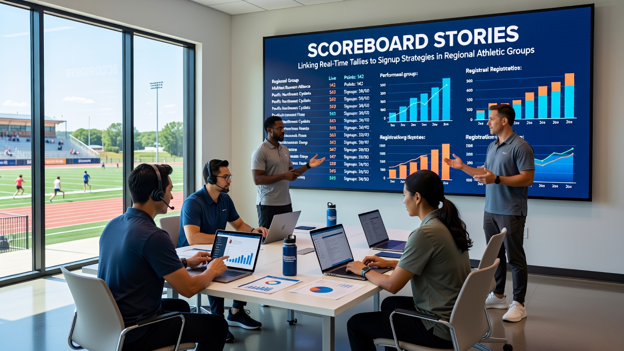 Regional athletic group members reviewing signup analytics on tablets next to a live scoreboard display
