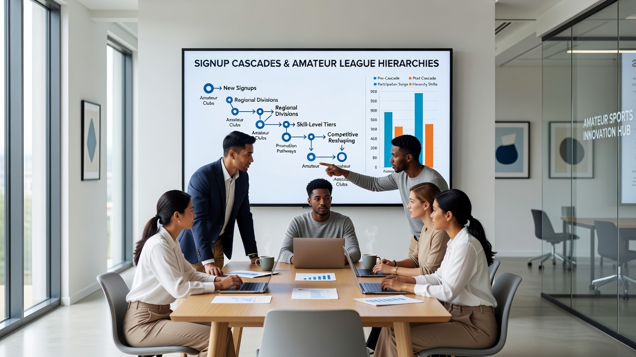 League officials analyzing updated signup data and hierarchy adjustments on a shared dashboard