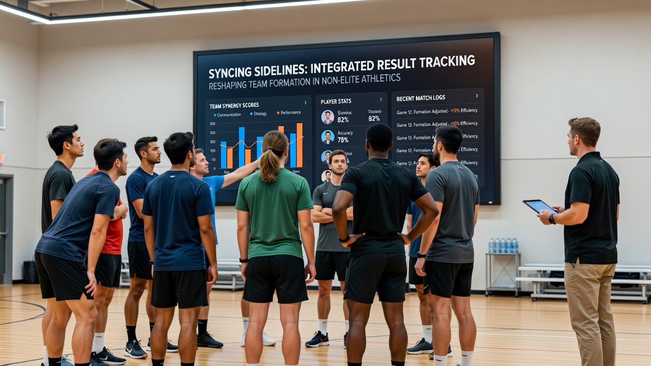 Amateur team captains analyzing synced performance data on a shared screen before finalizing lineups
