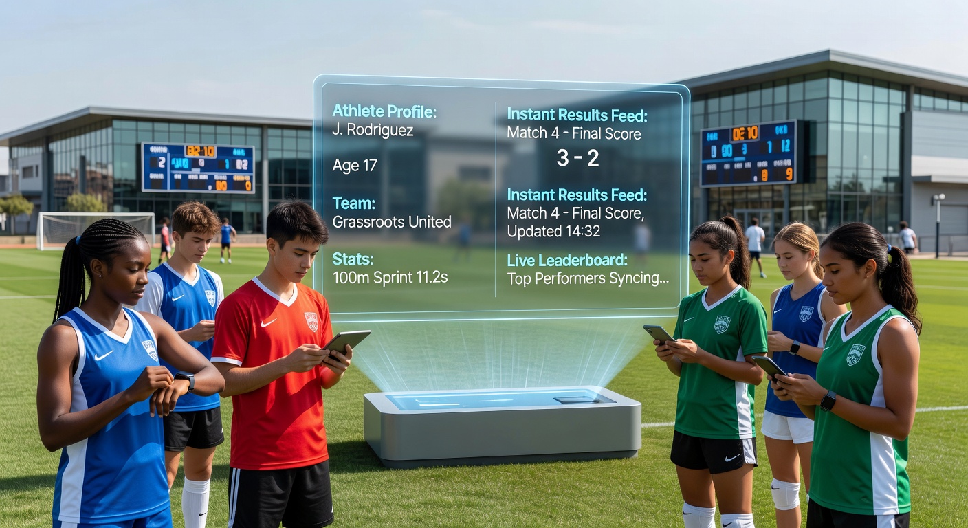 Athlete profiles syncing with instant result feeds in a grassroots league app interface