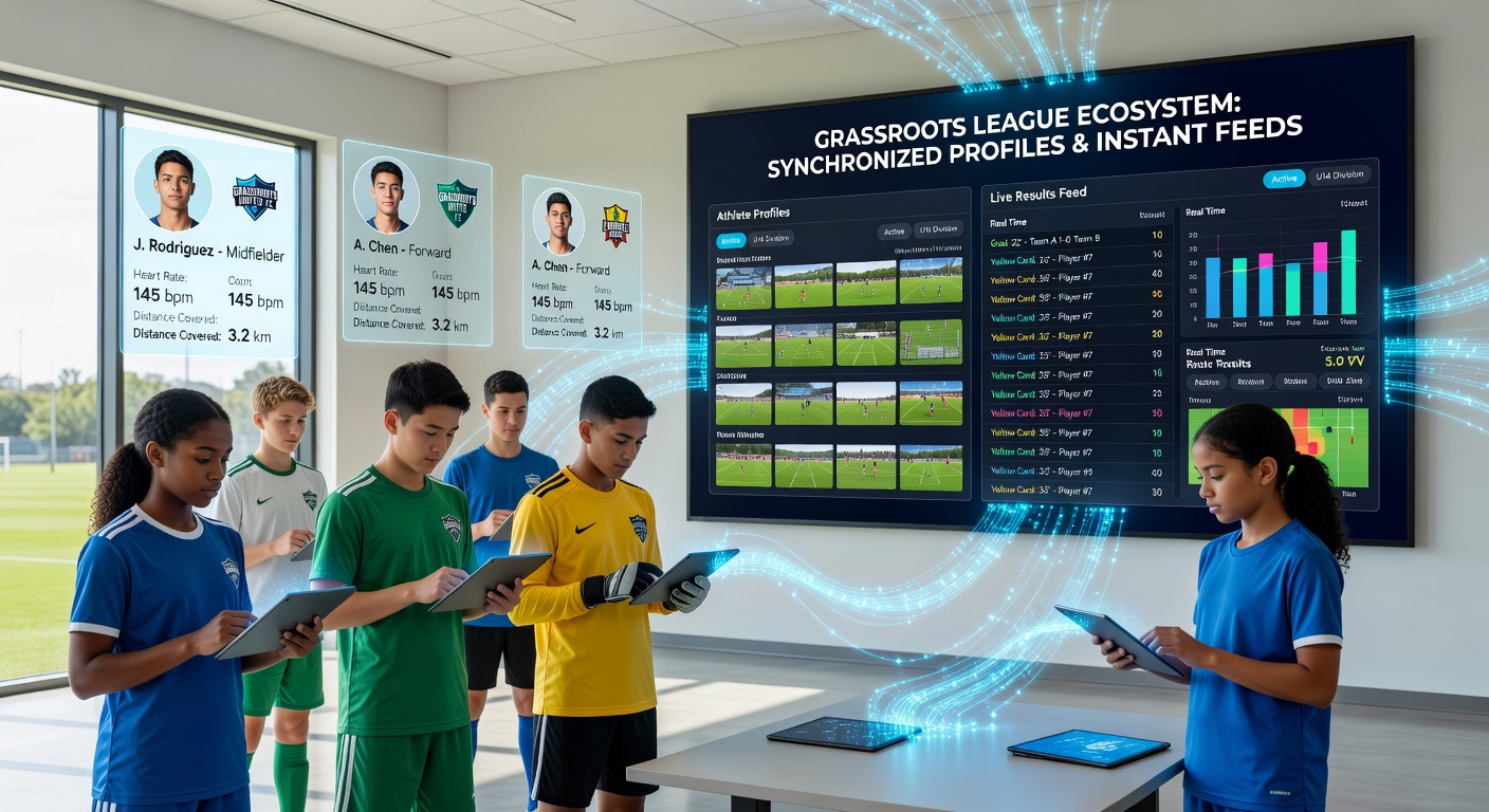 Live result feeds updating athlete profiles during a grassroots match day