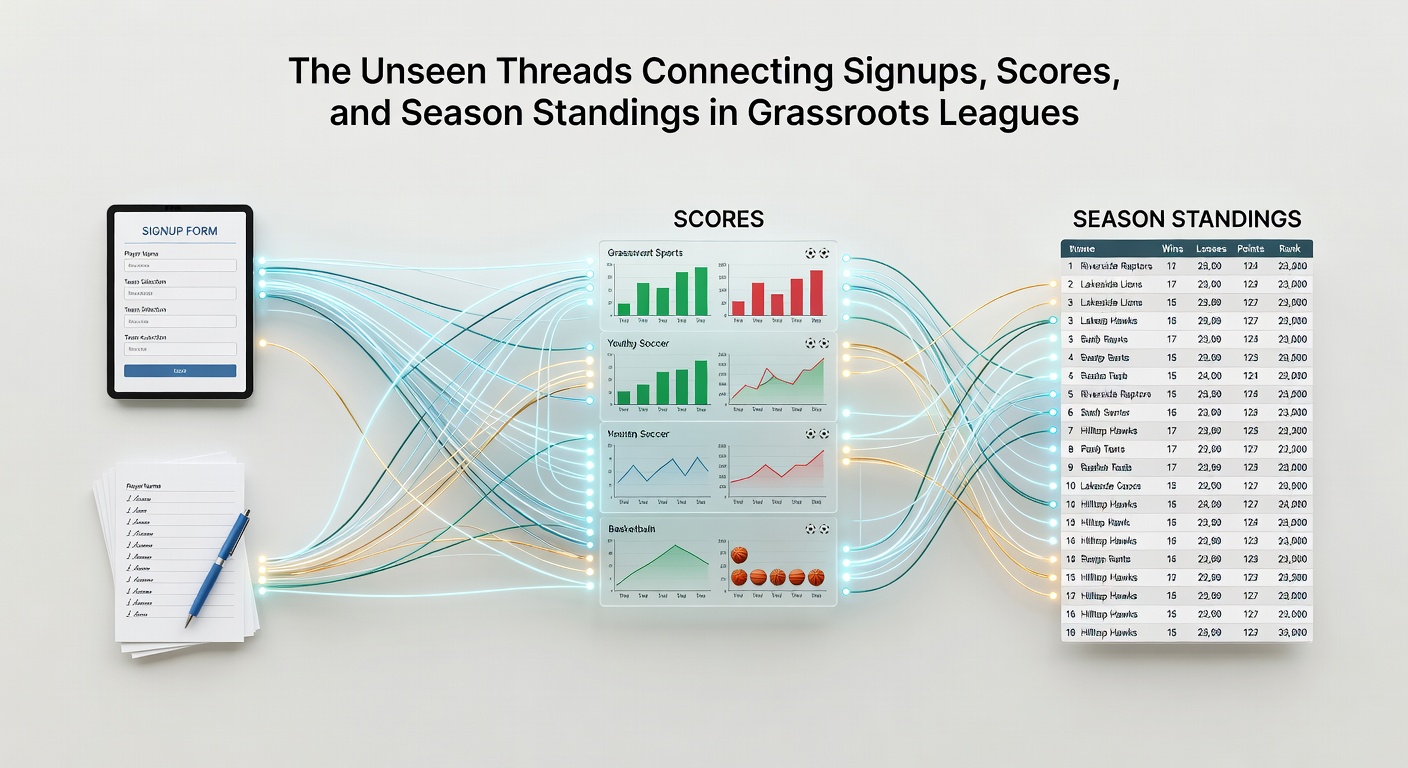 Referee entering final match scores into a mobile app while teams review updated league tables on a nearby screen