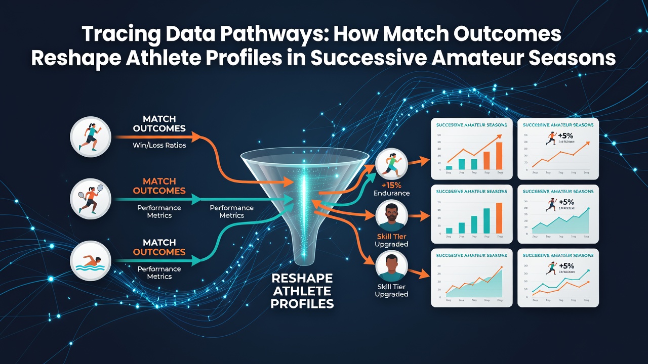 Data flow diagram showing match results feeding into athlete profile updates across amateur seasons