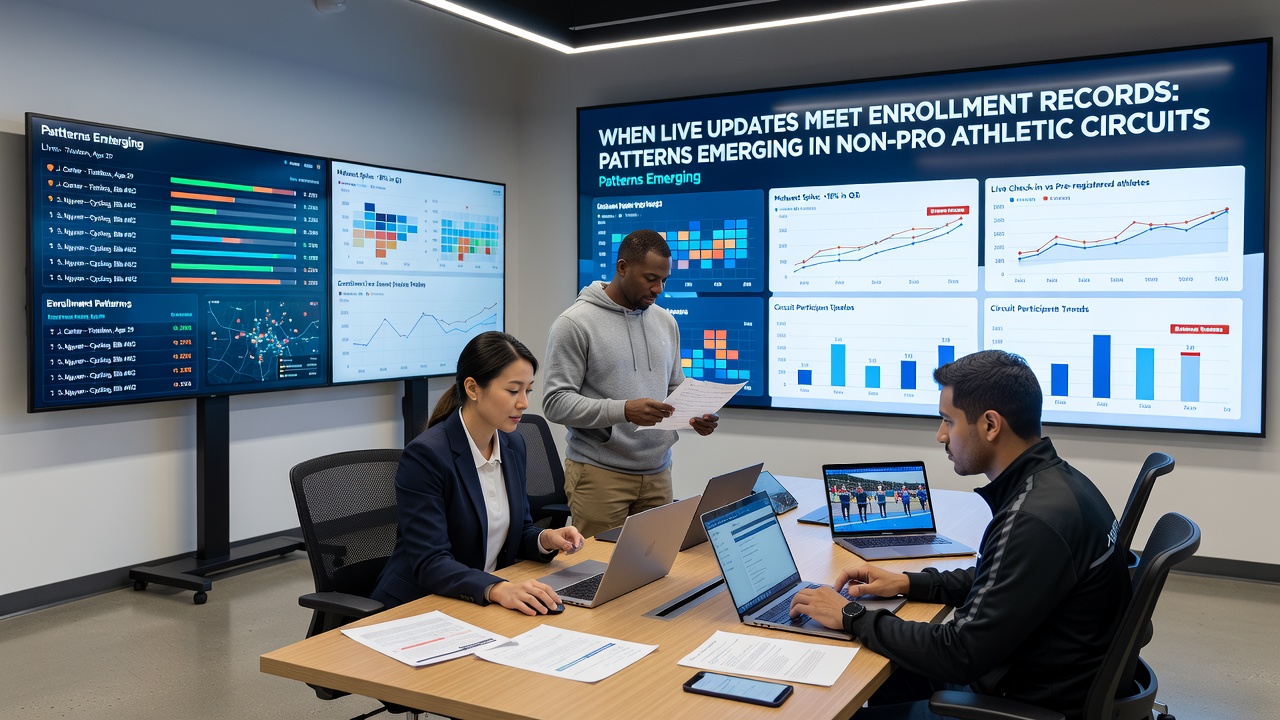 Dashboard showing live updates integrated with enrollment records in non-professional athletic circuits