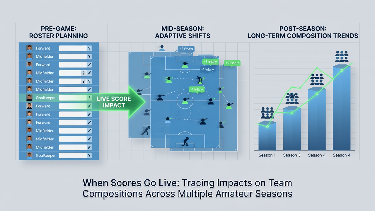 Coaches analyzing season-over-season team composition changes using live scoring dashboards in an amateur league office
