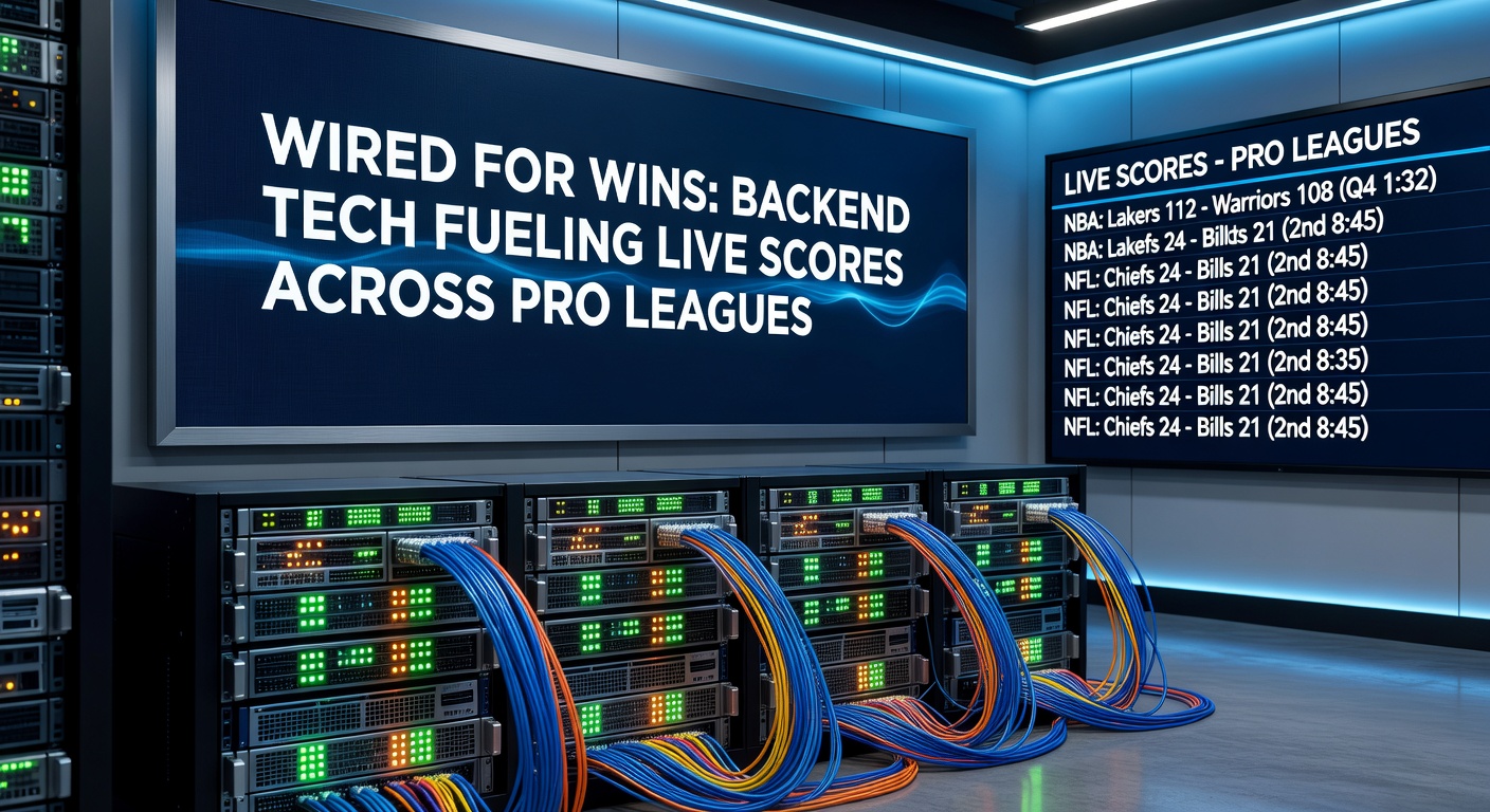 High-tech servers pulsing with real-time data streams from pro sports arenas worldwide