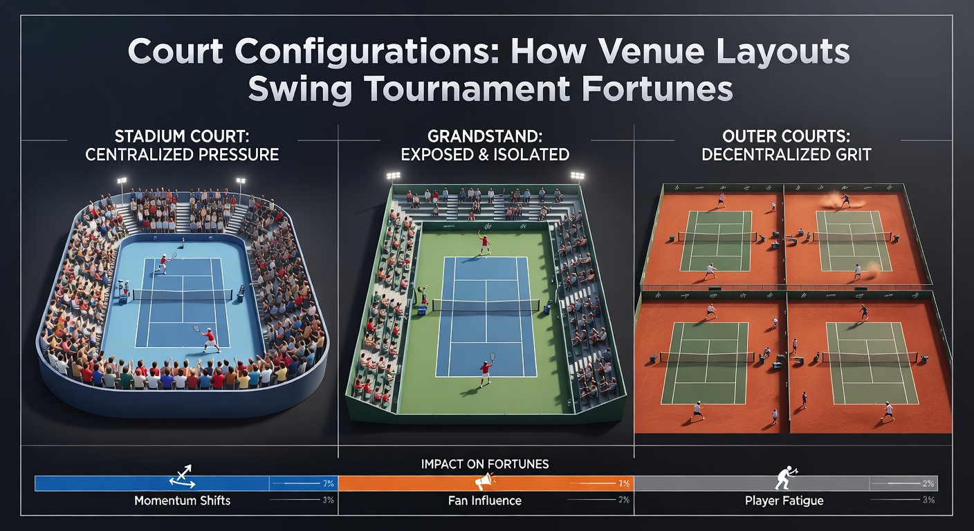 Aerial view of a tennis tournament venue showing multiple courts with varying layouts and crowd arrangements