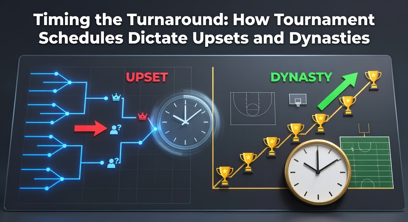 A packed stadium during a high-stakes tournament match, with fans cheering as an underdog team celebrates an unexpected victory, highlighting the chaos of schedule-driven upsets