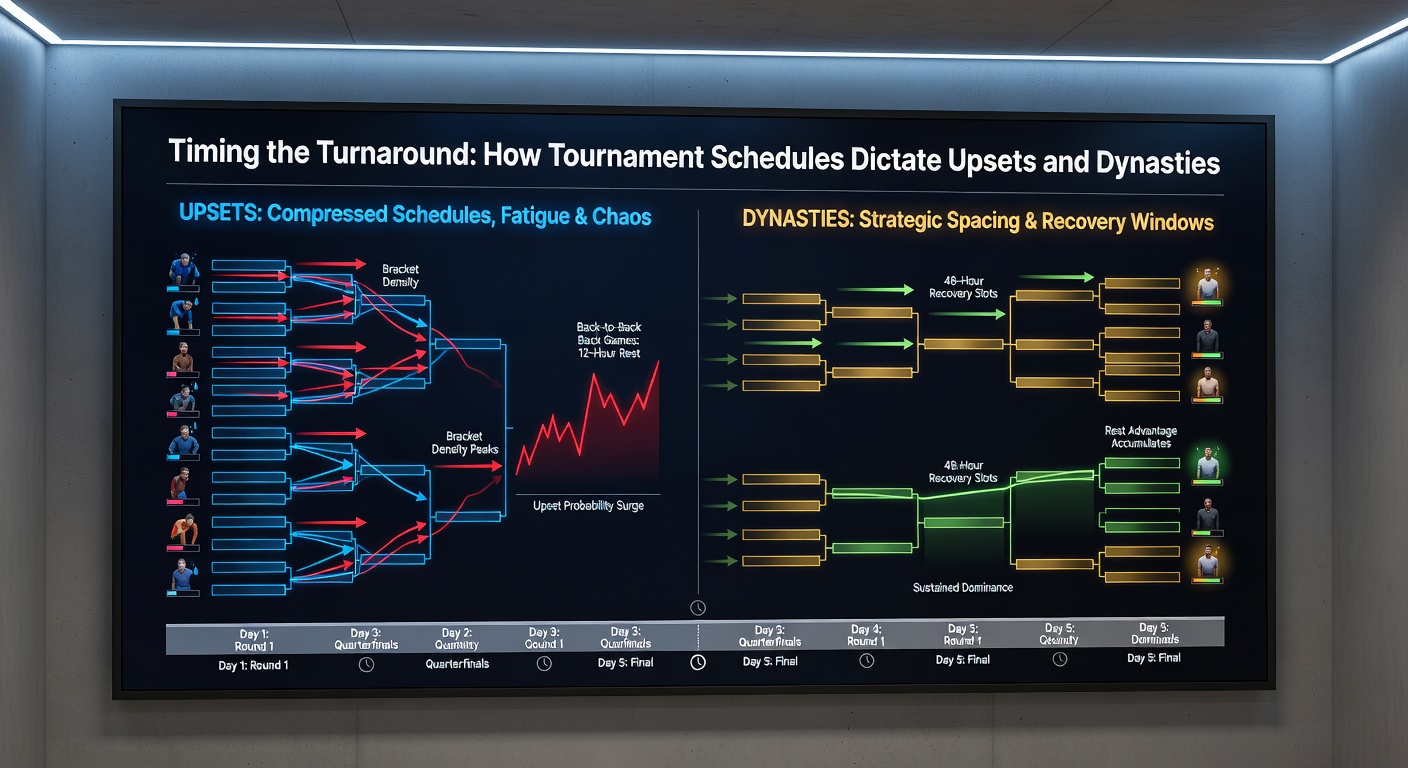 Graph showing upset rates spiking during tight tournament schedules, overlaid on a bracket diagram with highlighted fatigue zones for top teams